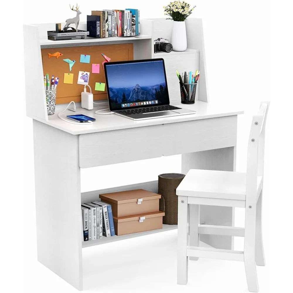 

White Kids Desk and Chair Set for 5-12 Year Old, Childrens Computer Desk with Charging Station, Kids Study Table with Drawers