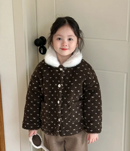 Baby Girls Brown Flower Wool Coat Children 2024 New Autumn Winter Fashion Simple Casual Warm Coat Korean Simple Style Coat