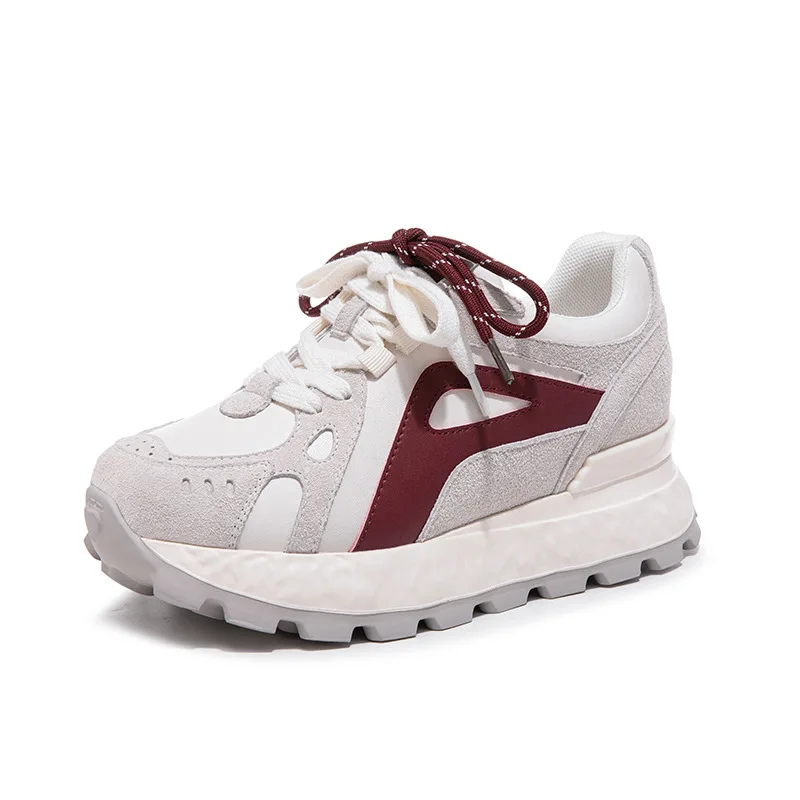 Gray Burgundy Patchwork Suede Chunky Sneakers For Women Dual Color Lace Up Design Round Toe Non Slip Serrated Thick Platform view 6