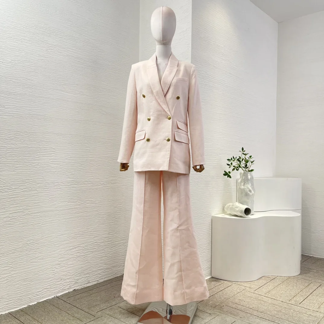 

2025 High quality pink hardware button horn button blazer tops and pants set