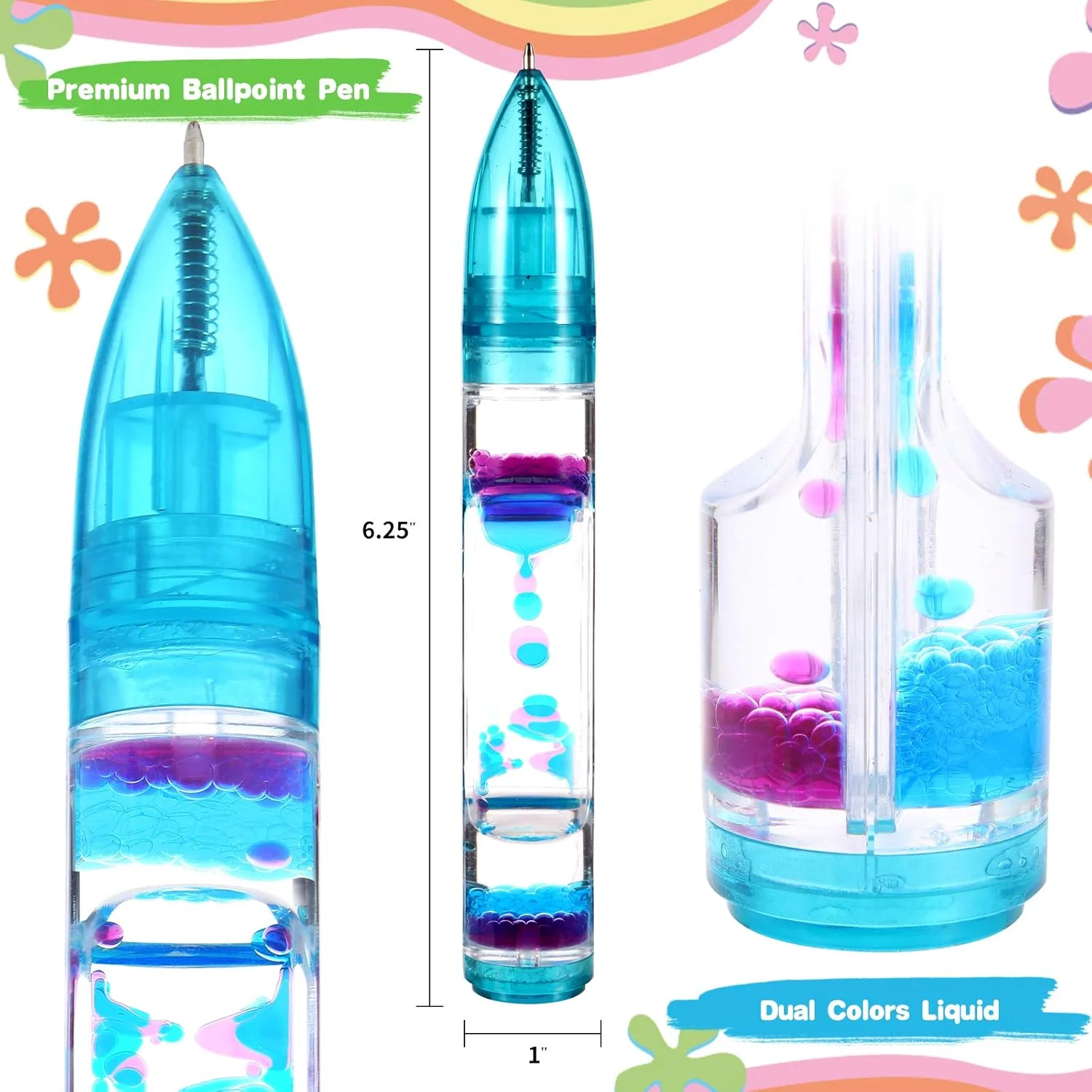 Liquid Timer Pen - Retractable Ballpoint Pen with  Moving Bubbles & Droplets - Relaxing Calming Fidget Sensory Writing Toy for