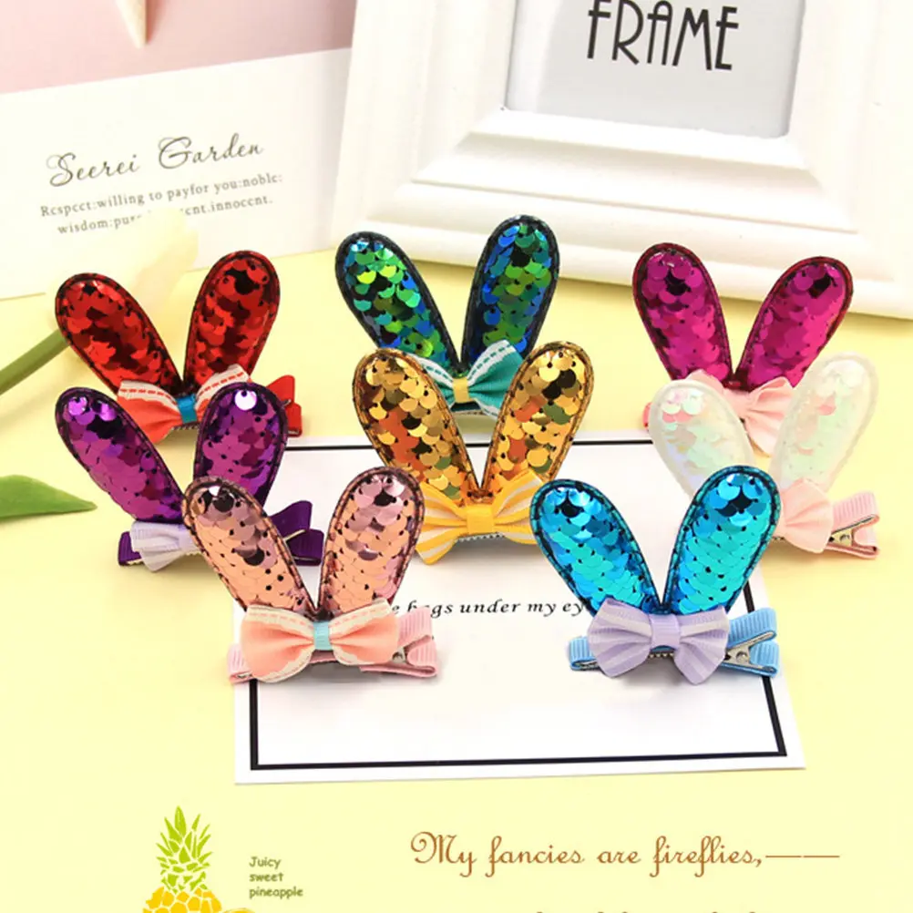 

8Pcs Bunny Ear Hair Clips with Bow Decor Fish Scale Sequins Girls Hairpins Kids Festive Hair Accessories Party Wedding Daily