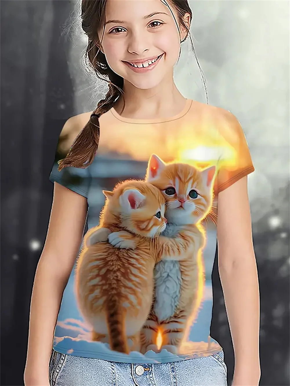 Cartoon Animals Cat 3d Print 2025 Girls' Clothing Fashion Casual T-Shirts Funny Girls' T-Shirts Summer Short Sleeved Top