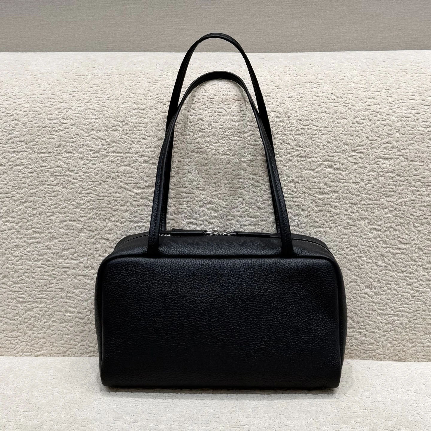 Genuine Leather Bowling Bag Women Shoulder Tote Handbag 25cm Long Handle Tote Soft Top Grain Cowhide Sheepskin Lining Daily
