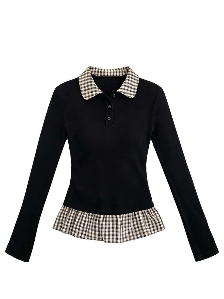 CaraCLUB Large Size Long Sleeve Knitted Sweater Women's Autumn New Plaid Splicing Shoulder Level Top Casual Style Slim Fit