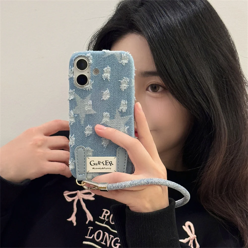 Fashion Korea Cute Cowboy Star phone Case for iPhone 18 17 Pro 13 14 15 16 17 18 Pro Max Shockproof with Chain Cover Cases