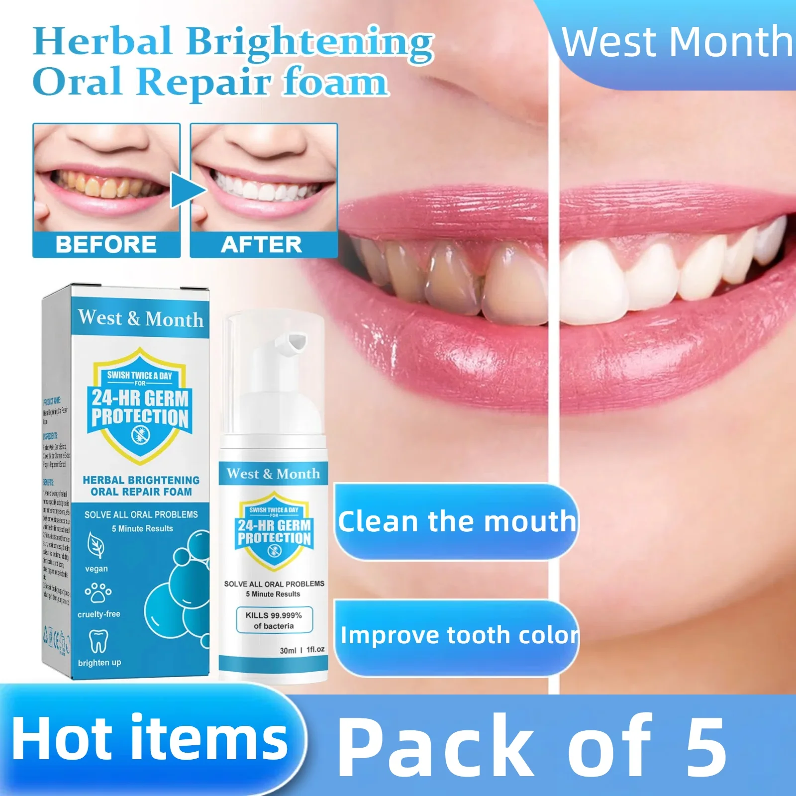 5pcs Whitening Tooth Mousse Toothpaste, Cleans Bad Breath, Whitens Teeth, Natural Foam, Removes Dirt, Adult Oral Care Toothpaste