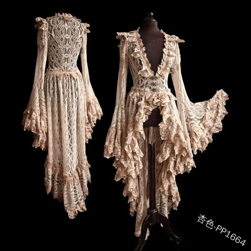 

asdh8@XXXXXL Women Vintage Solid Lace Wedding Dress Medieval Cardigan Cosplay Elegant Long Tail Pleated Outwear Victorian Ball G