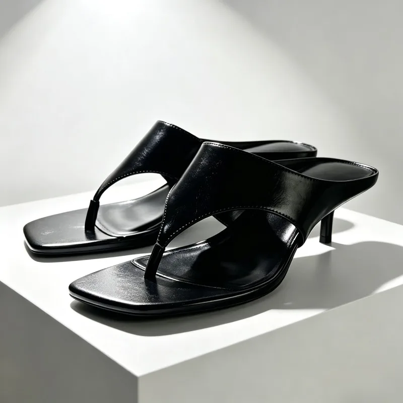 Chanclas de cuero suave negro para mujer, sandalias deslizantes de tacón alto fino con punta cuadrada, zapatillas elegantes con Clip dedos, zapatos de playa de verano