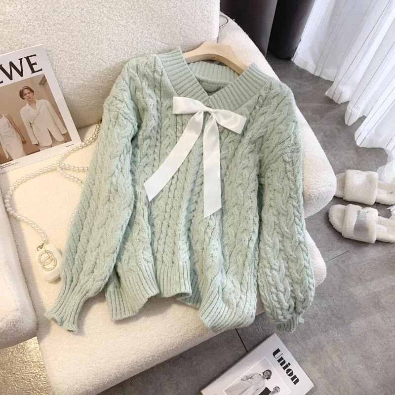 Autumn Winter Jumper Women Loose V-neck Bow Long Sleeve Sweater Pullover Womens Clothes Sweet Warm Pink Knitted Female Top 2024