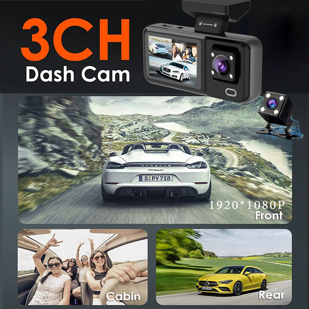 3 Lens 1080P Car Dvr Cabin Mini Dash Cam Interior Vehicle Three Way Channel Camera Recorder Video Registrator Dashcam Camcorder image 2