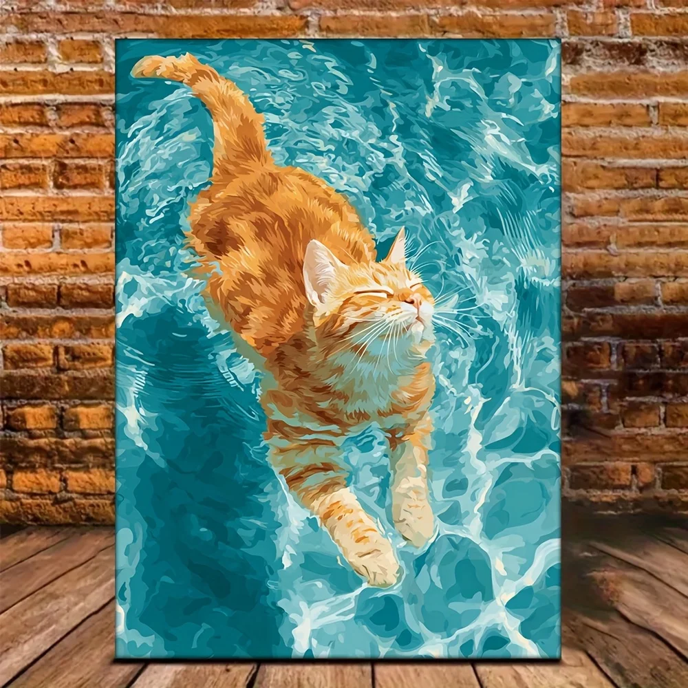 (No frame)2D Flat, 1pc Canvas Wall Art,, A Turmeric Cat Canvas Painting Poster Retro Romantic Swimming Pool Art, Bright Blue