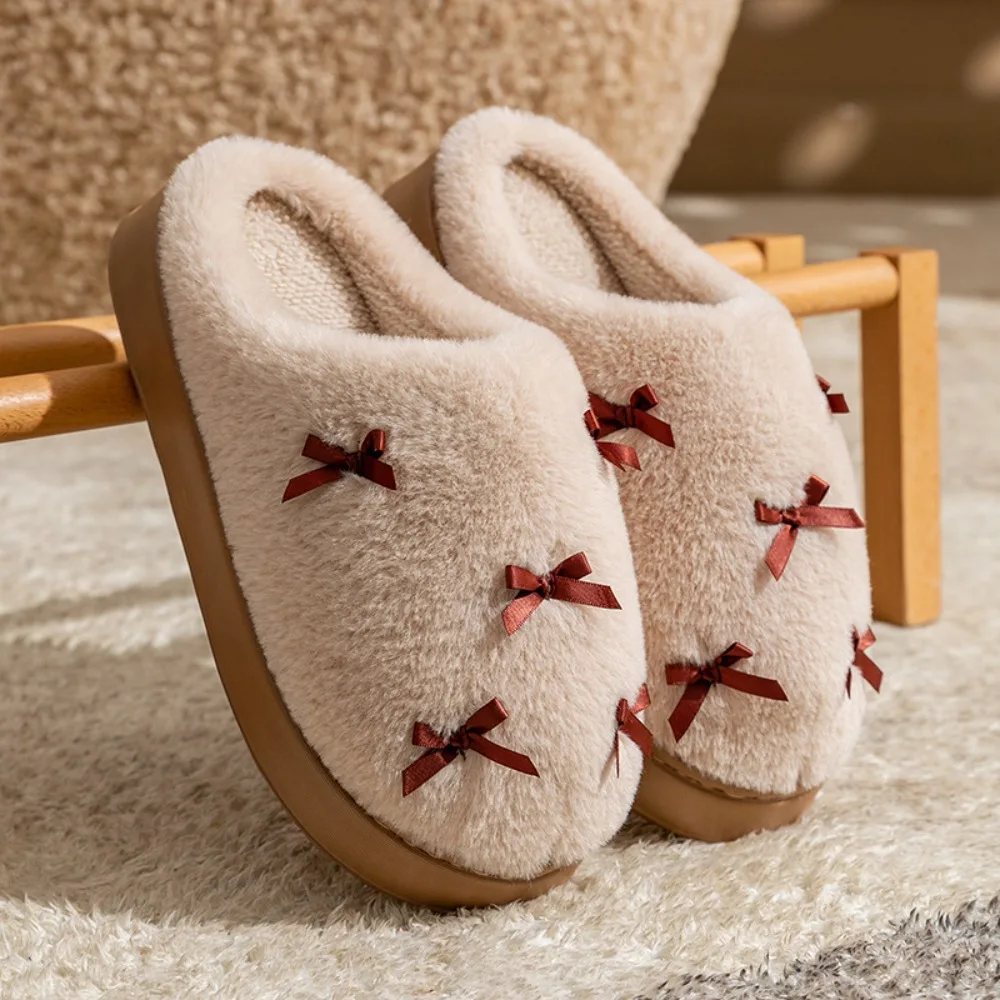 

Soft Plush Couple Slippers Bow Fluffy Slides Winter Warmer Slippers Anti-slip Thickened Warm Home Cotton Shoes Women Men