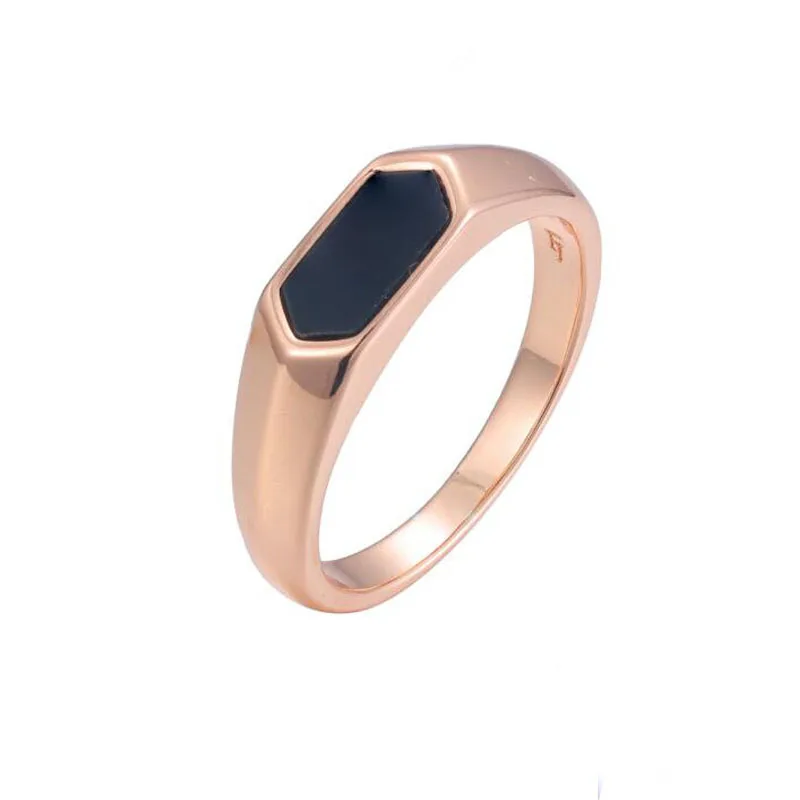 FJ 7mm Wide Women Men 585 Rose Gold Color Black Stone Rings Jewelry