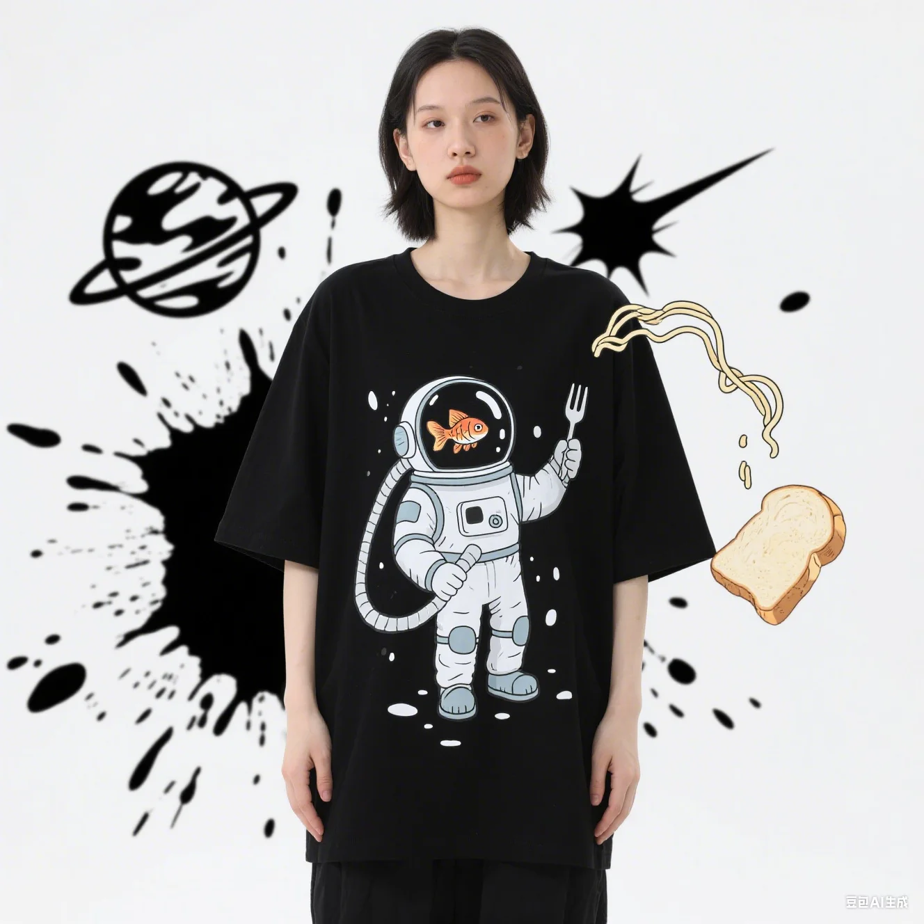 

Astronaut wearing goldfish helmet, noodle thread graffiti men's women's printed T-shirt casual sporty comfortable short-sleeved