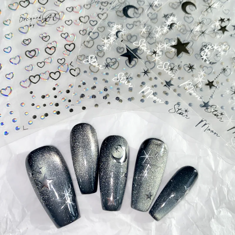 TSZS 3D Lace Butterfly Nail Art Stickers INS White Black Star Kpop Nail Decals Korean Laser Heart Star Nail Sticker