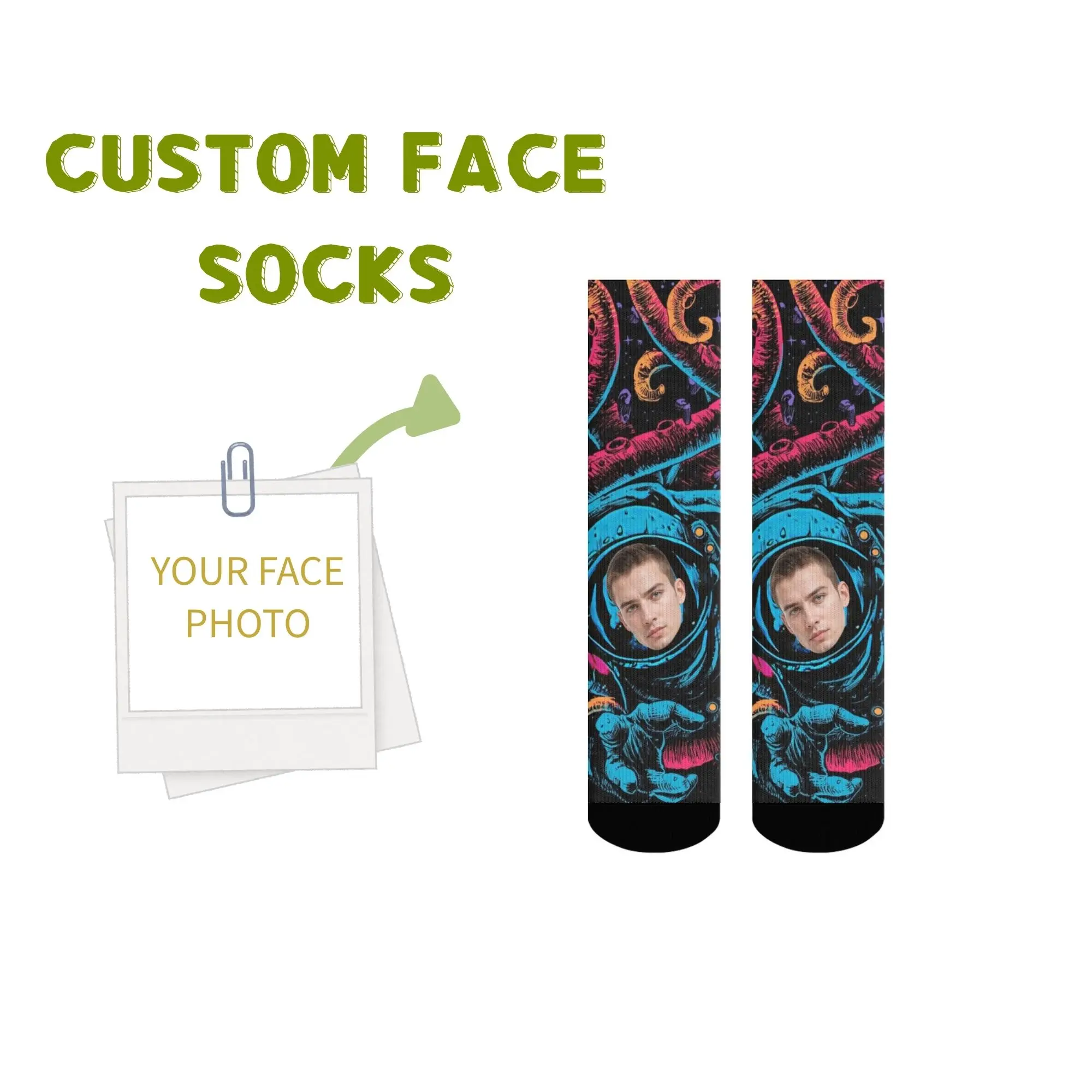 

Personalized Custom Face Sci-Fi Gift Socks Astronaut & Tentacle Universe Design Unique Present for Space or Fantasy Enthusiasts