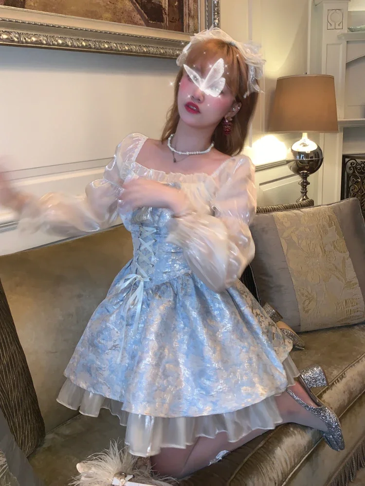 Robe Lolita japonaise bleue Kawaii pour femme, imprimé floral, robe mignonne douce coréenne, manches bouffantes, mini robe de soirée princesse élégante, 2023