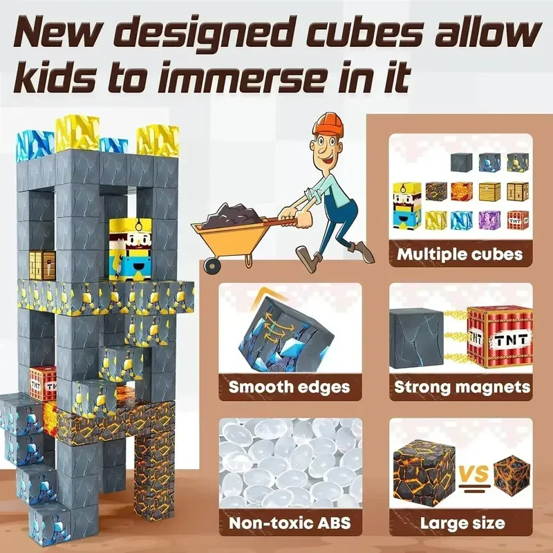 Bloques de construcción magnéticos Mine World, juego de cubos magnéticos para niño y niña de 3 años +, modelo DIY, vástago para niños, juguete para regalo sensorial