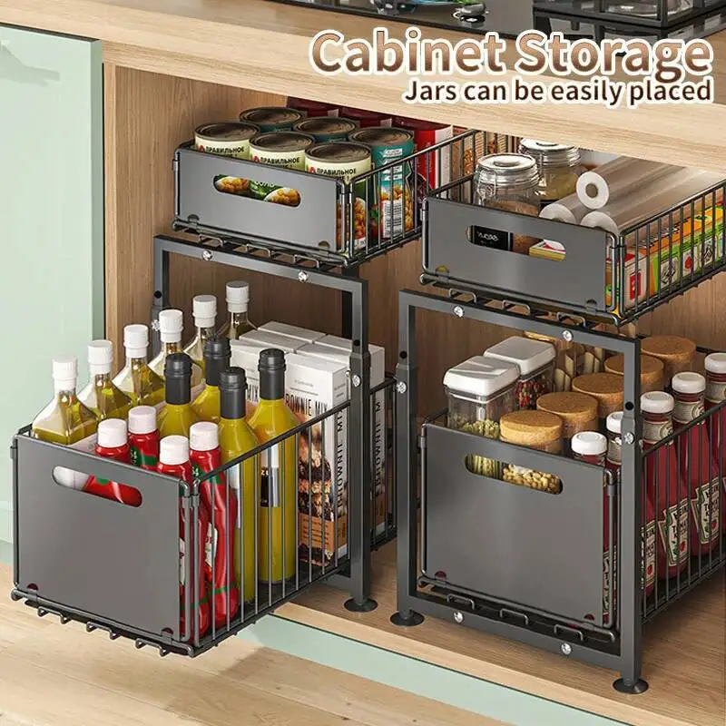 

Double Drawer Sink Adjustable Height Household Sliding Cabinet Basket Space Saving Kitchen Storage Rack