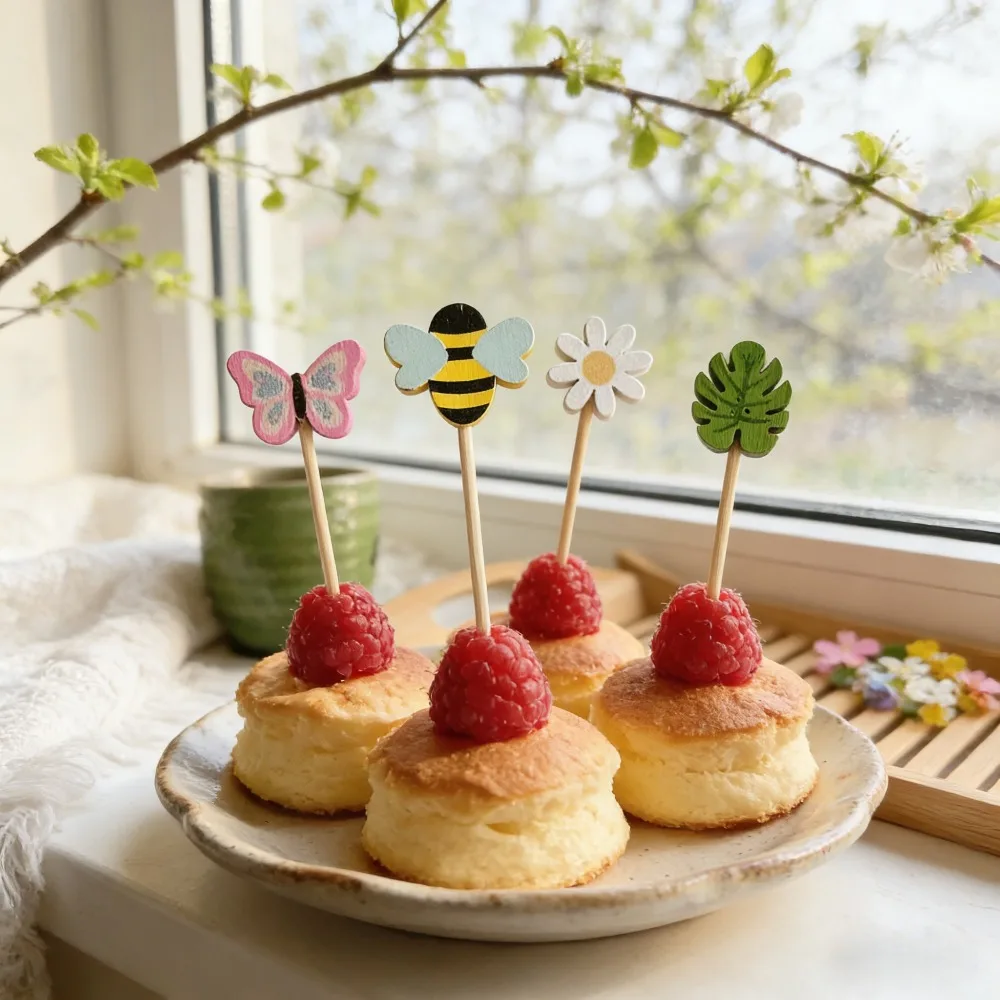 100 Stück Niedliche Tier- und Pflanzenmotive Gemischte Einweg-Bambus-Fruchtspieße Kreative Cocktail-Dessert-Dekorationsstäbchen für Geburtstag und Hochzeit – Detail 5