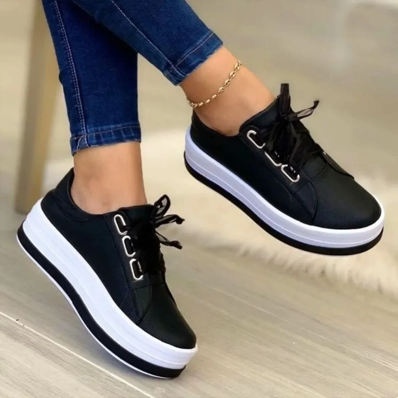 Sepatu Sneaker wanita kasual ujung bulat, sepatu Platform, sepatu tenis bertali, Sneaker wanita warna Solid, sepatu loafer wanita untuk wanita