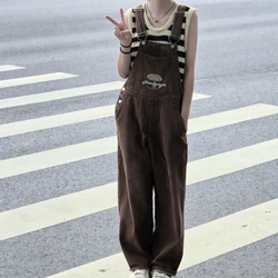 Vintage Brown Denim Baggy Jumpsuit Women Casual Overalls Sleeveless Loose Wide Leg Rompers with Pocket Jeans Pants Playsuit New