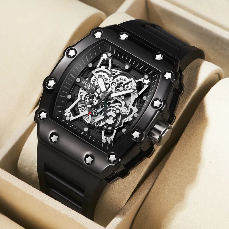

Men's Tonneau Skeleton Watch - Large Dial Luminous Watch, Exposed Mechanical Movement Watch