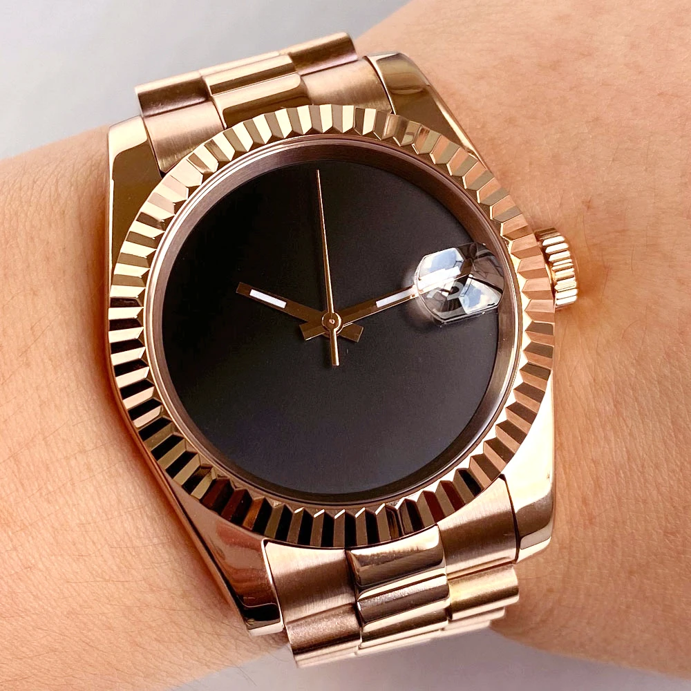 36mm 39mm Rose Gold/Silver Steel/Gold Curved Braided Japan NH35A Automatic Watch Men Black Dial Sapphire Crystal Bracelet Strap