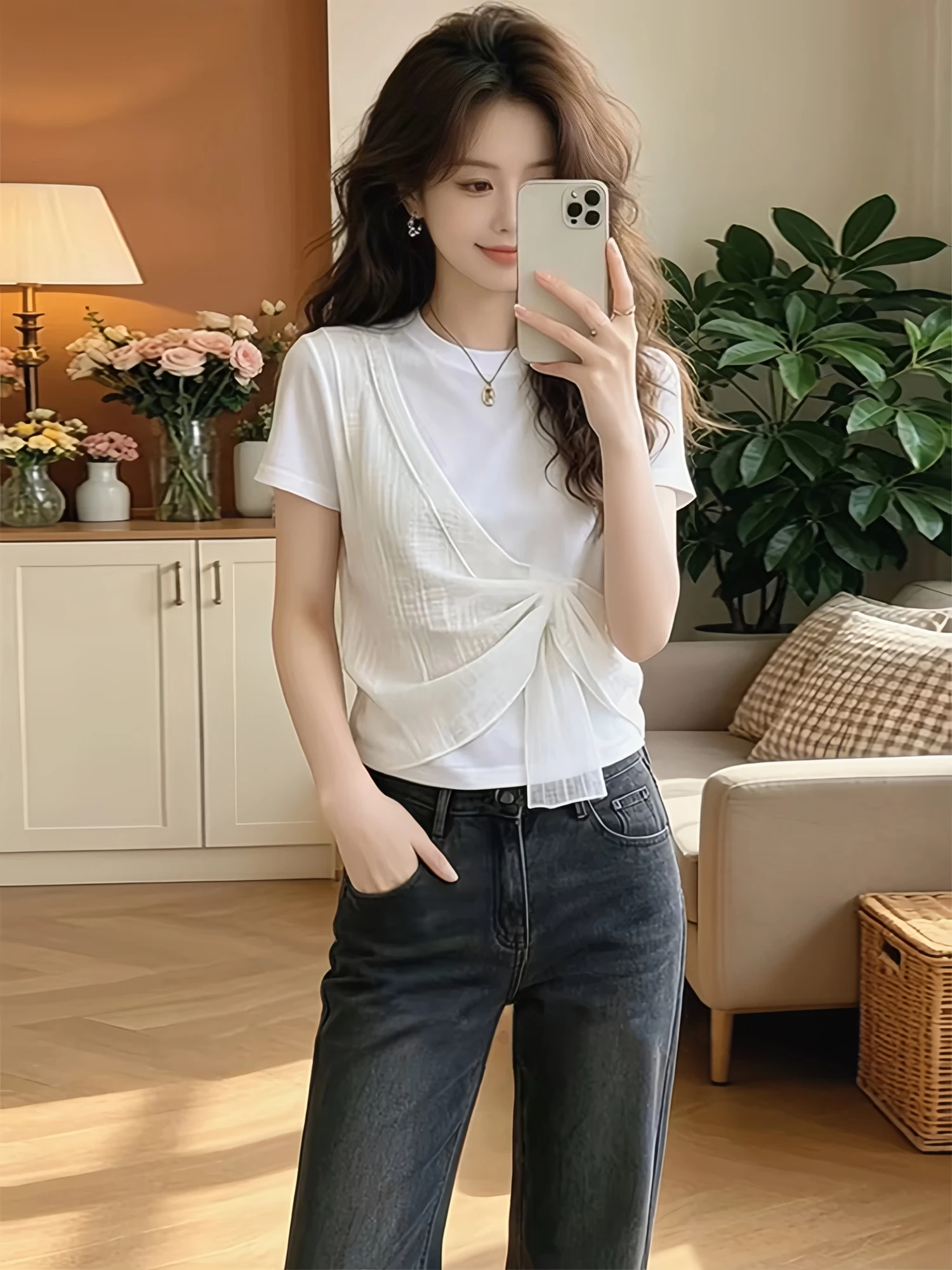 

Fashionable round Neck Short Sleeve T-Shirt Women's Summer Uneven Belt Slimming Top Casual Loose Fit High Waist Daily Wear
