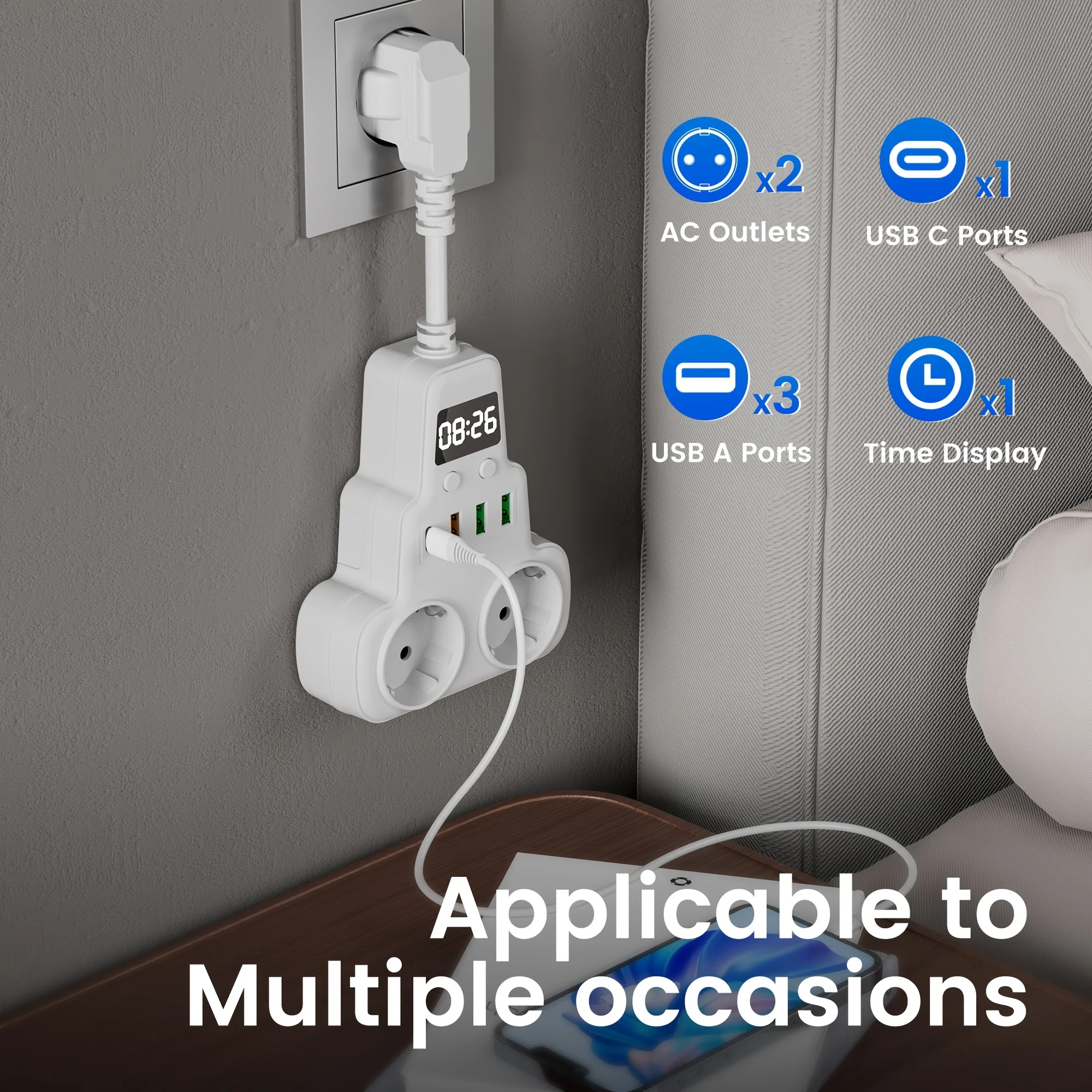 Placa de alimentación enchufable de la UE con 2 tomas de CA y 3 tomas de corriente domésticas USB tipo 1 C con múltiples teclas