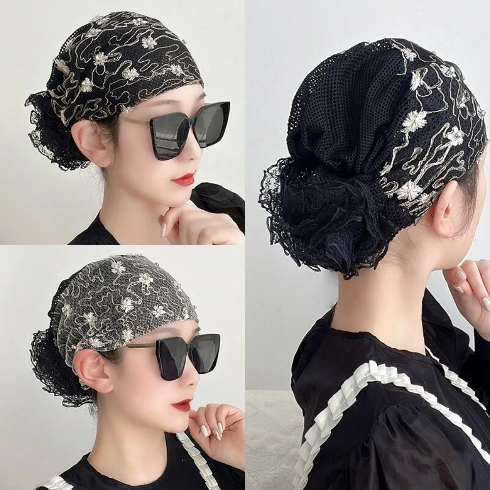 

Hot Sale Lace Embroider Headband Cap Cover White Hair Trendy Turban Elastic Full Cover Chemo Hat Female