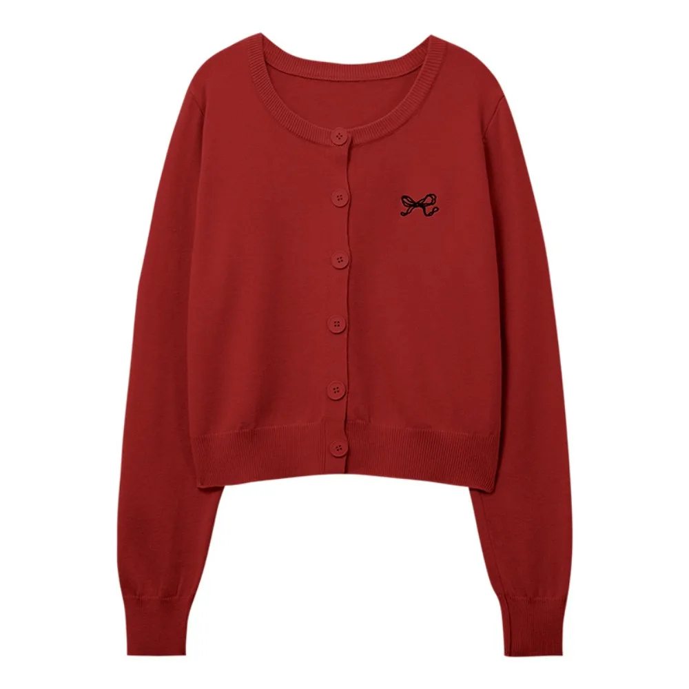 

Female Solid Bowknot Crochet Sweaters Autumn Spring Long Sleeve Sweet Knitwear Loose Preppy Style Slim Crop Coats Female