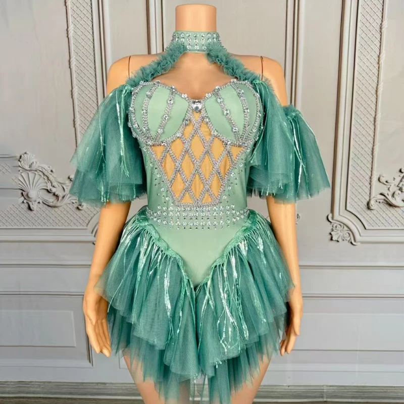 

Women Group Jazz Dance Outfit Green Rhinestones Fringed Party Dress Bar DJ DS Festival Dress Stage Performance Costume XS9697