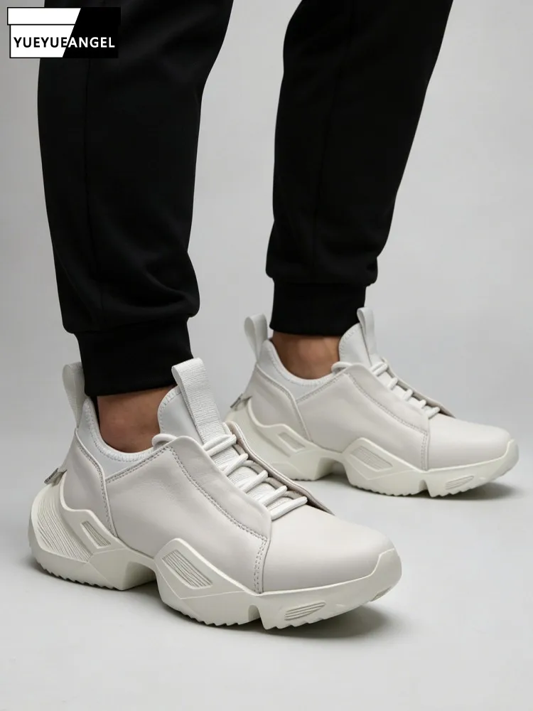 Mens Thick Platform Casual Sneakers Lace Up Low Cut Cowhide Genuine Leather Shoes Joggers Trainers Footwear Height Increasing