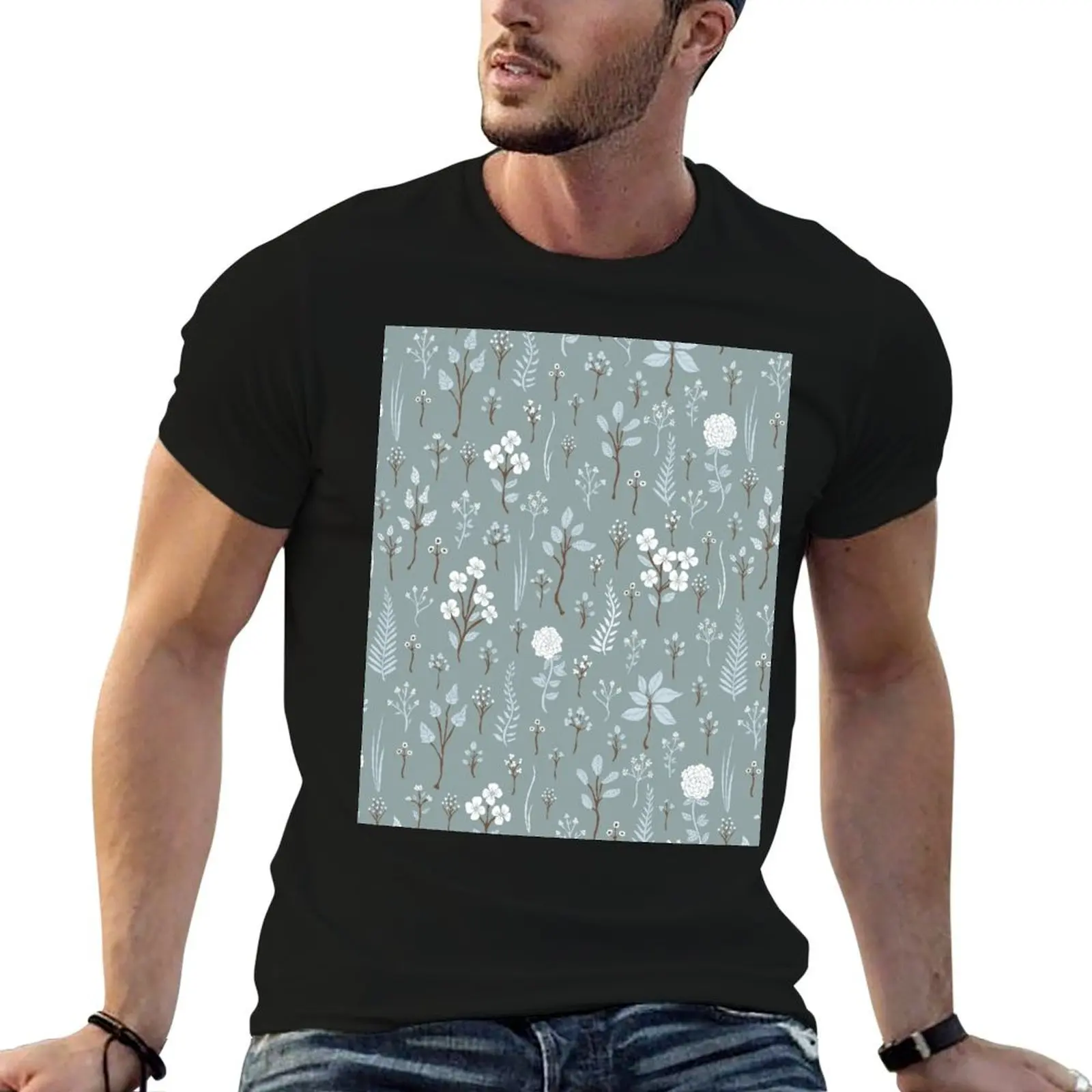 

Pale Blue, White & Brown Floral/Botanical Pattern T-Shirt t shirts for man graphic funny men t shirt cotton 100% T-Shirt