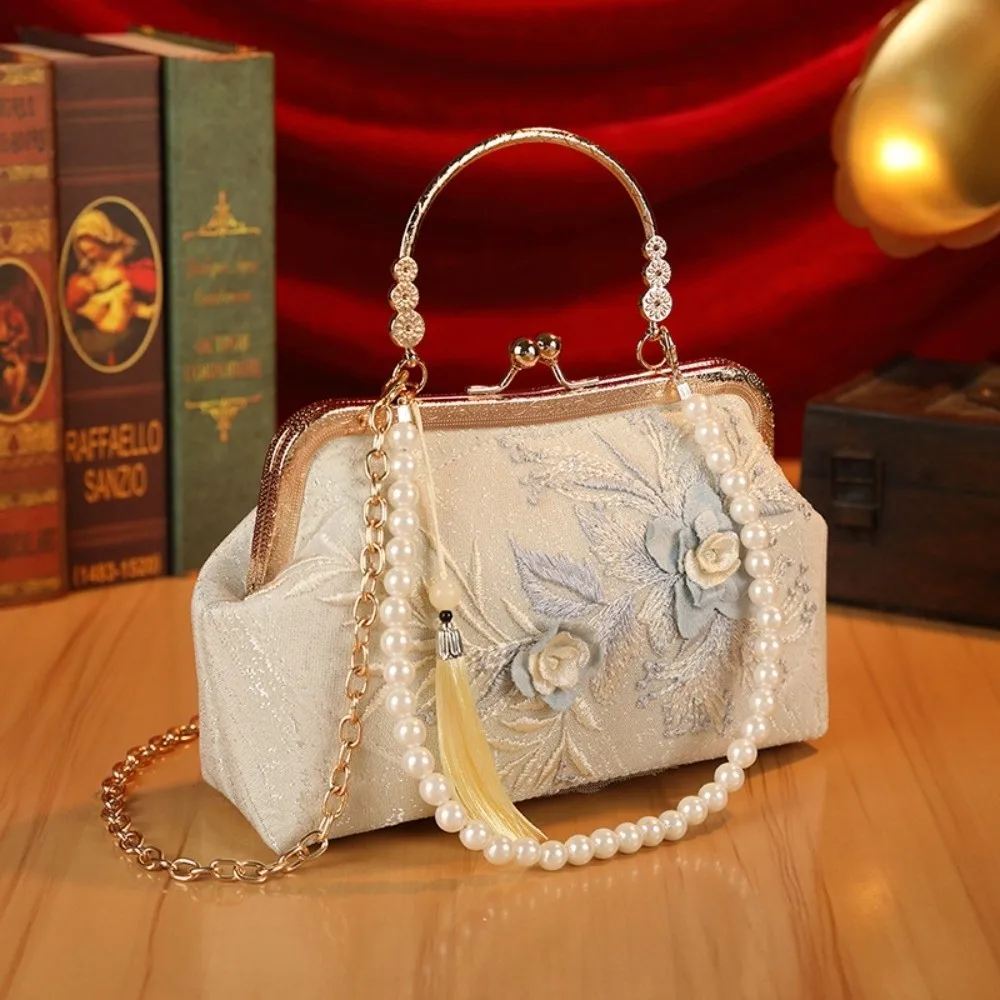 

Vintage Embroidered Kiss Lock Handbag Small Square Chinese Style Floral Lace Evening Bag Top-Handle Tassel Wedding Clutch