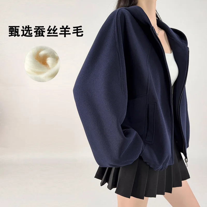 

Осень-весна женская американская стильная ретро серая темно-синяя изысканная толстовка на молнии с капюшоном новая модель свободные топы пальто универсальное