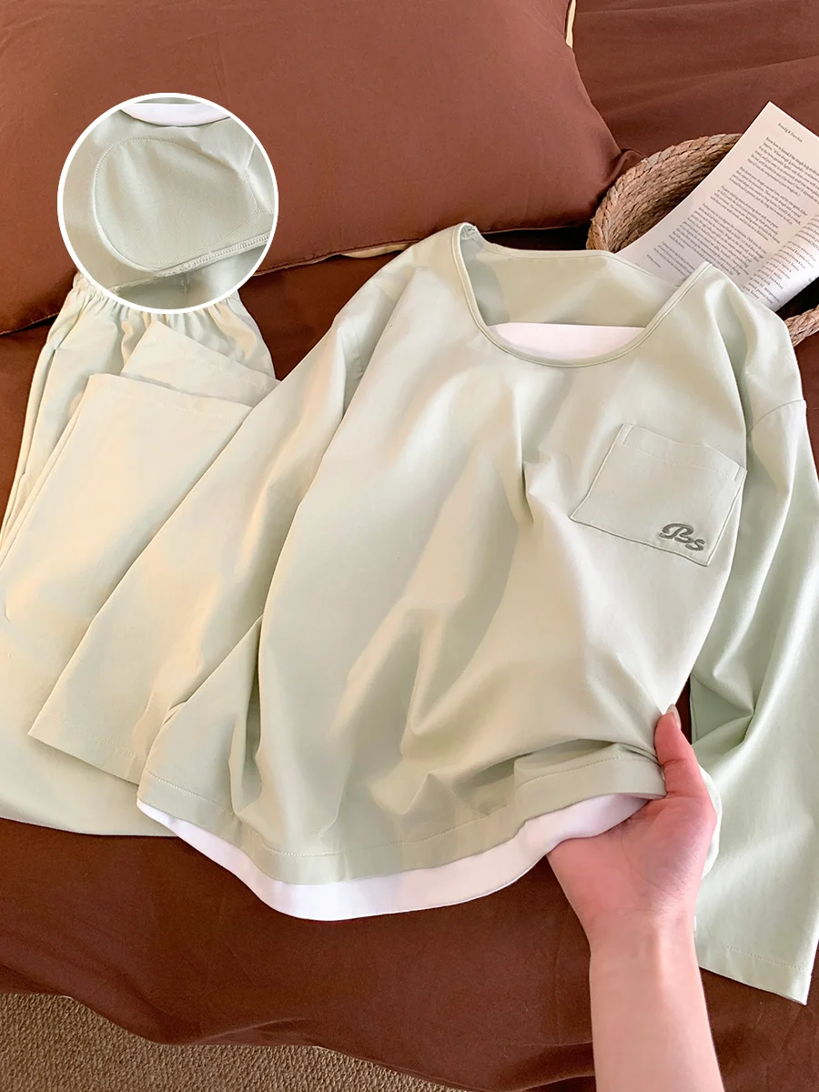 Country Style Light Green Cotton Sleepwear Women's round Neck Home Cooling Feeling Two-Piece Set Comfortable Long Sleeve Pajamas