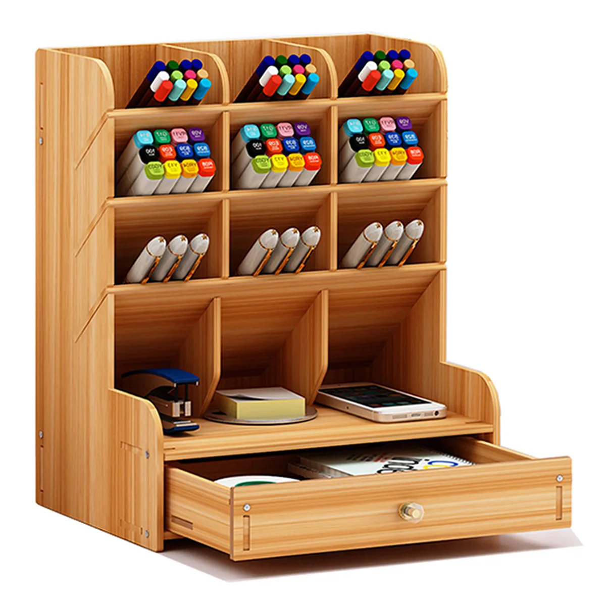 Wooden Desktop Assembly Stationery Storage Box Pen Holder Mobile Phone Remote Control Organizer Container