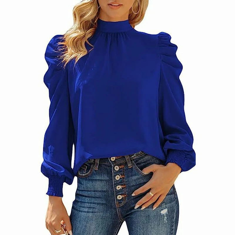 Damen Puff ärmel Blusen verspotten High Neck Plissee Top Bluse elegante Langarmhemd einfarbige Pullover Shirts