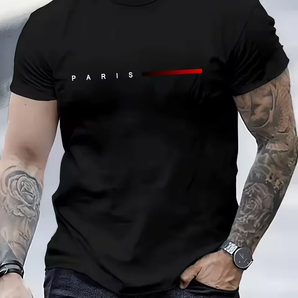 Herren 100% Baumwolle Sommer Locker Geschnittenes PARIS Kreatives Buchstabendruck Casual Slim Fit Rundhals Kurzarm T-Shirt Top – Detail 3