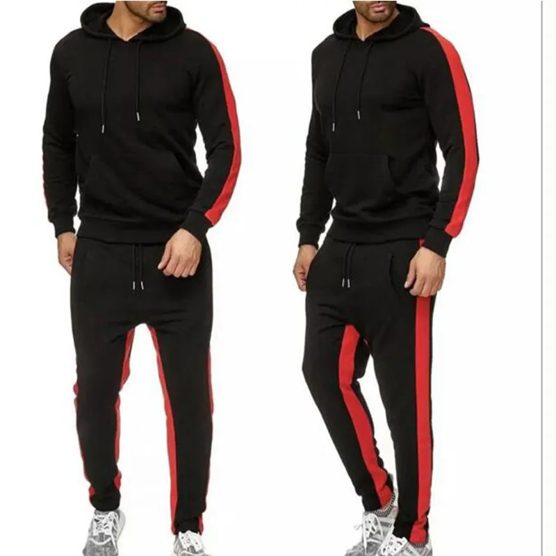 

Hot Selling Men's Hooded Sweatsuit Sports Suit with Strip Contrast Color Autumn Season Jumper with Custom Blank Solid Logo
