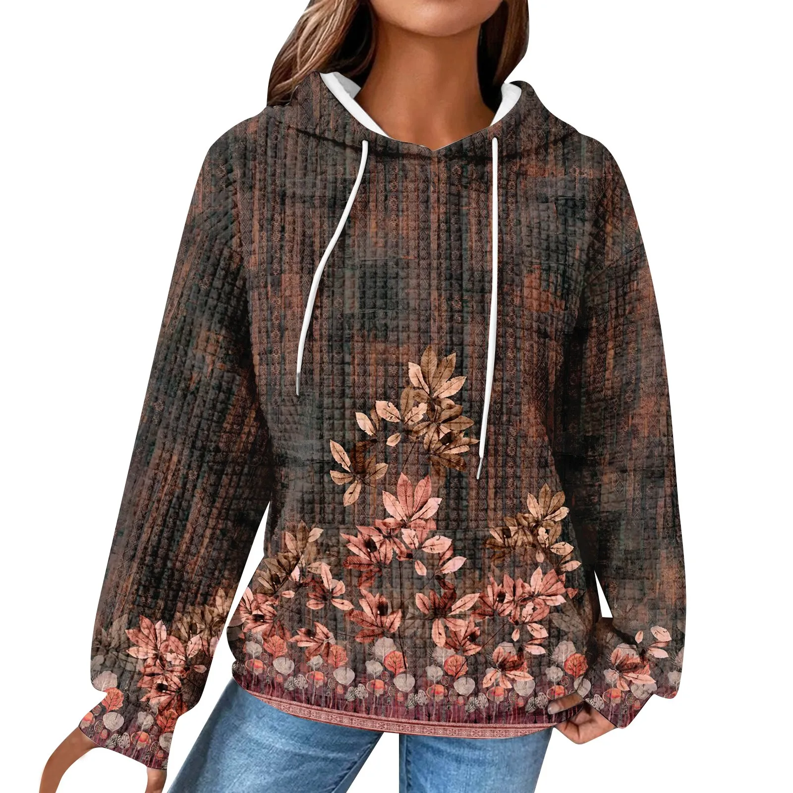 

Women'S Casual Daily Loose Fitting Flower Print Hooded Pullover With Long Sleeve Patchwork Plaid Sweater Knitted Top Sudaderas