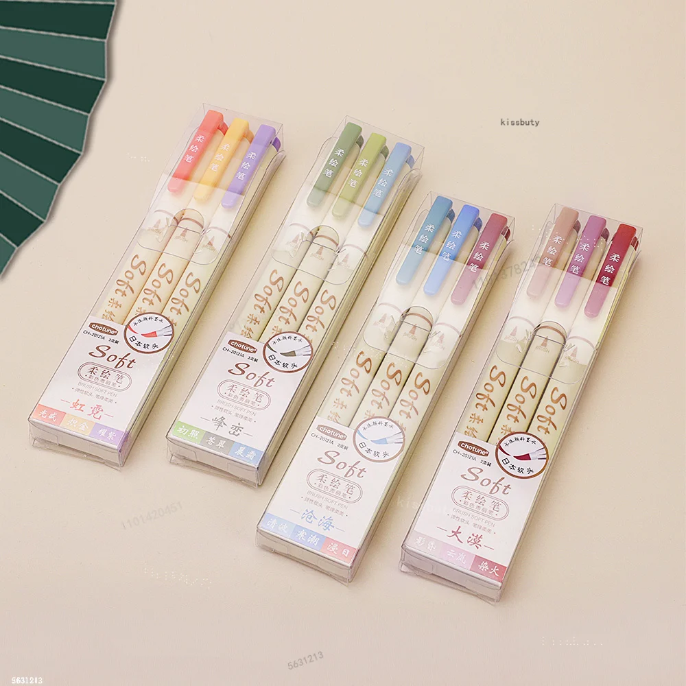 3Pcs/set Four Seasons Soft Brush Painting Pen Lettering Calligraphy Practice Retro Art Marker Pens Set Drawing Art Stationery