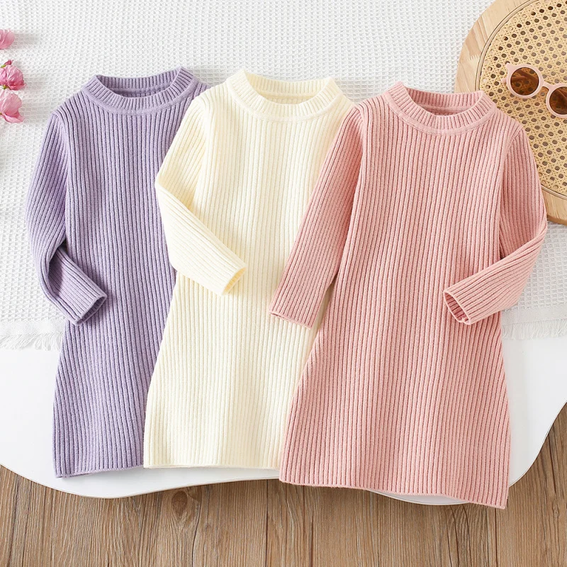 

Girls' Sweater Dress Autumn Winter New Fashionable Baby Girl Solid Color Pullover Base Shirt Children's Knitted Dress