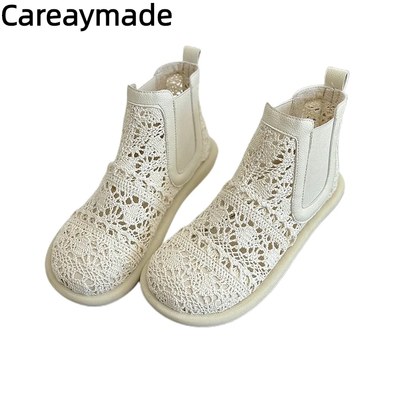 Careaymade-Genuine leather Mesh lace fisherman's shoes,cotton linen literary women's shoes,soft soled soft faced beach shoes