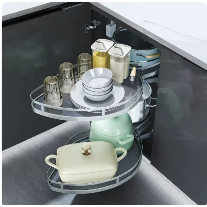 Corner Pull Out Cabinet Organizer, Double Layer UFO Rotating Shelf for Kitchen Corner Cabinet, Built-in Storage Basket