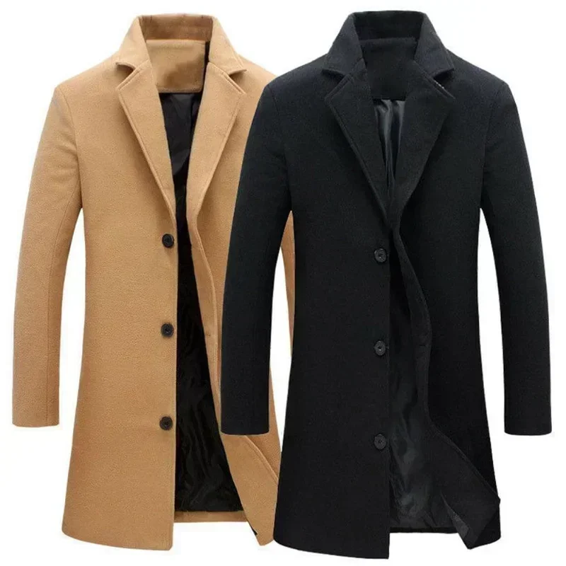 Breasted Lapel Long Coat Jacket Fashion Autumn Winter Casual Overcoat Plus Size Trench Men's Woolen Coats Solid Color