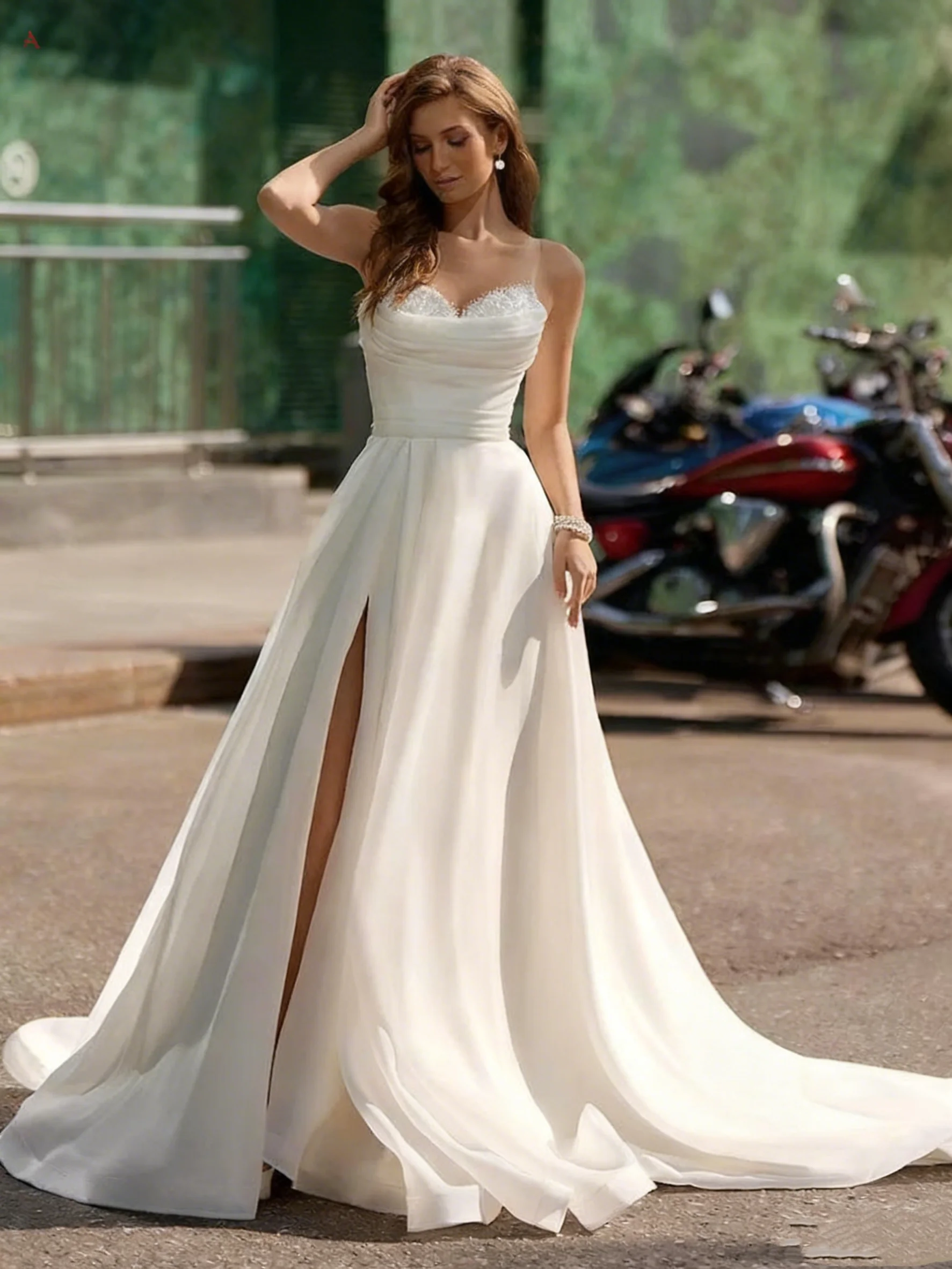 

Customized Women's Wedding Dress New Style O-Neck Back Zipper Pearl Decoration Elegant Pearl Wedding Dress Single Slit Satin